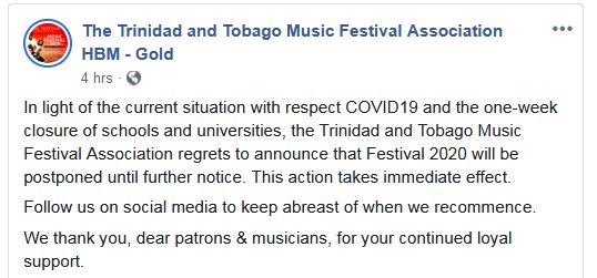 Trinidad and Tobago Music Festival 2020 postponed.